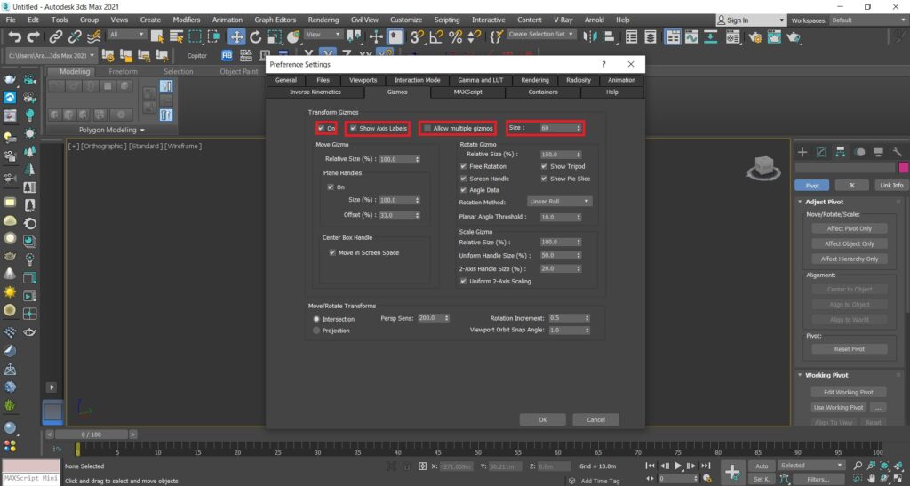 تنظیمات gizmo در تری دی مکس