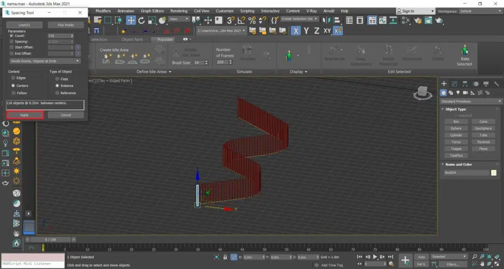 کپی کردن آبجکت در یک مسیر در تری دی مکس