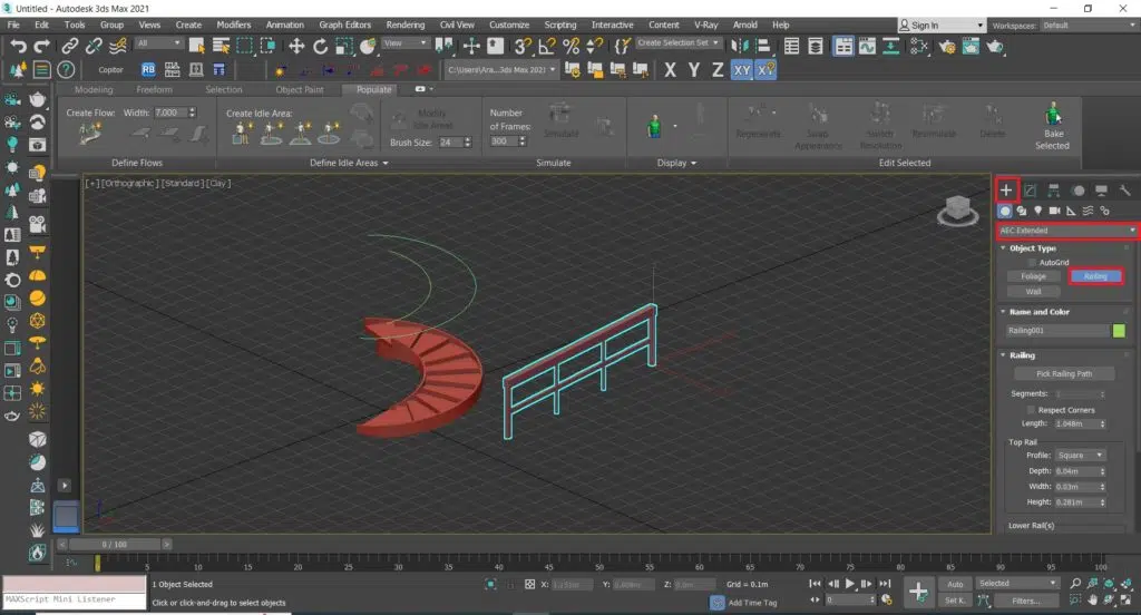 ترسیم نرده پله گرد در تری دی مکس