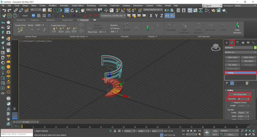 ترسیم نرده پله گرد در تری دی مکس