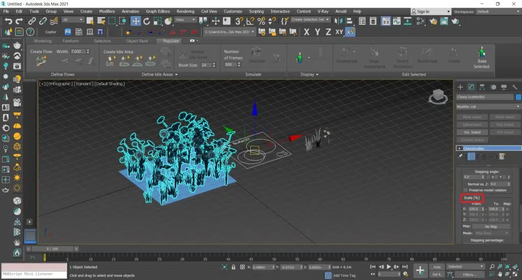 پخش گیاه با ابزار chaosscatter در ویری 6